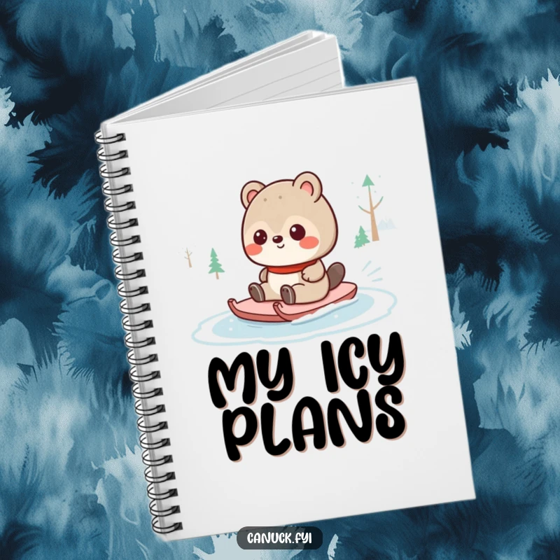 Funny Canadian animal character sliding on a frozen pond, featured on a notebook cover, inspiring winter fun and creative thoughts.