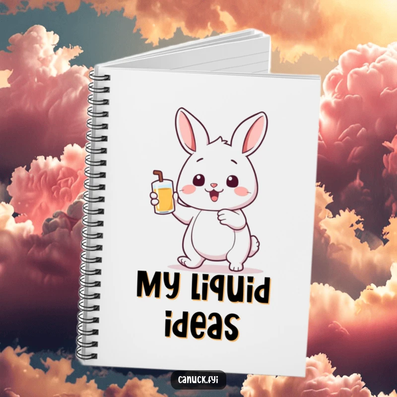 Funny notebook with a bouncing rabbit holding a small pint of liquid, a humorous and practical companion for jotting down thoughts.