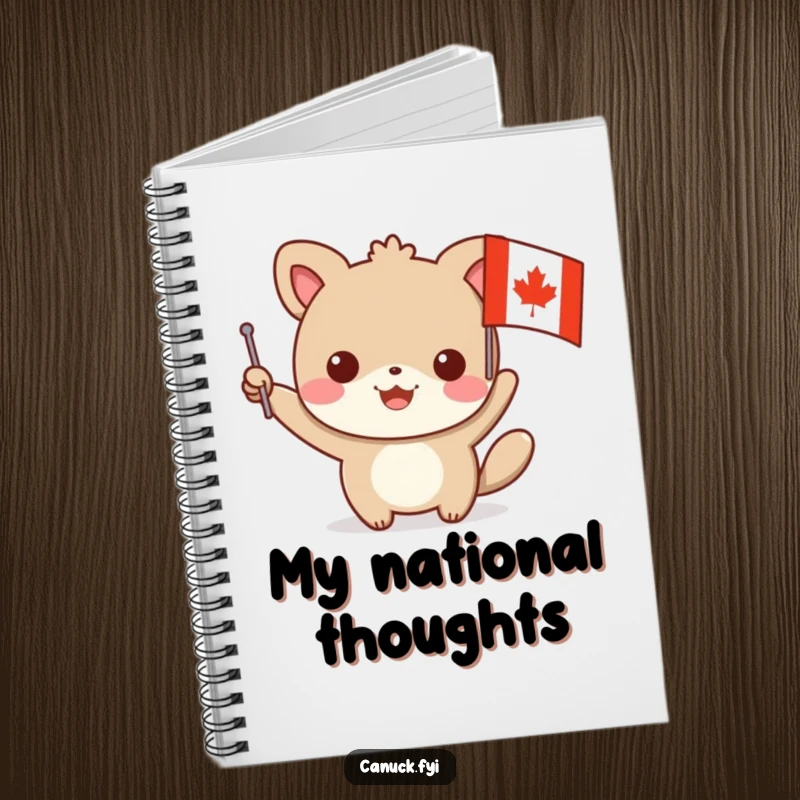 Funny animal notebook with a character waving a small flag featuring a maple leaf design, perfect for jotting down ideas with a humorous, patriotic flair.