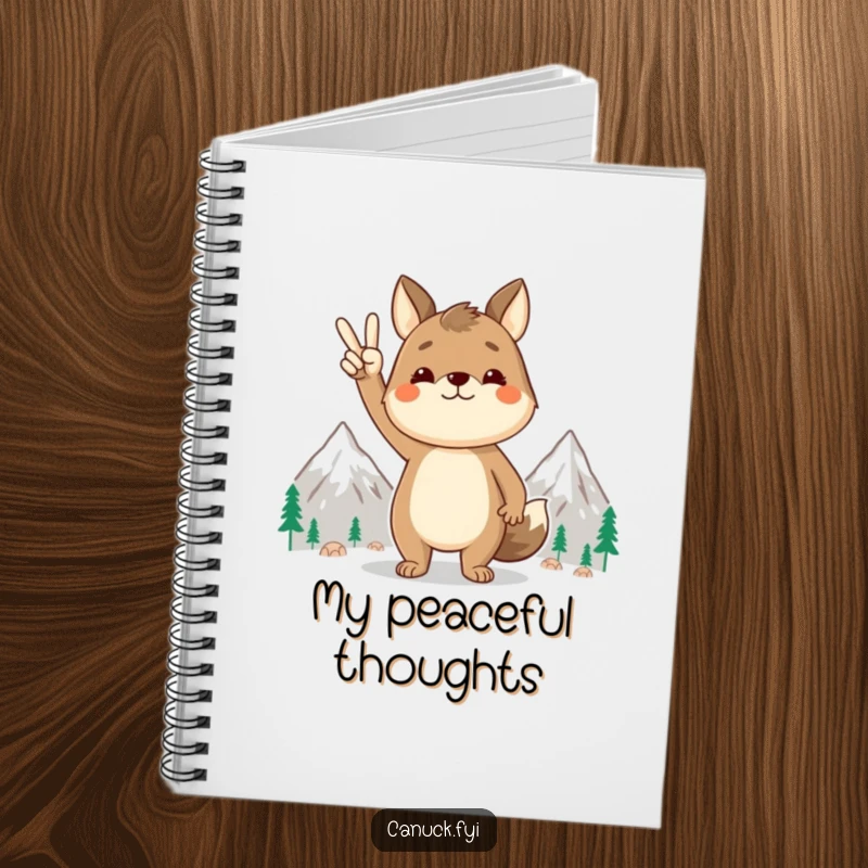 Funny animal notebook, peace sign gesture, stylized mountains, ideal for notes and journaling, a calming and useful gift.