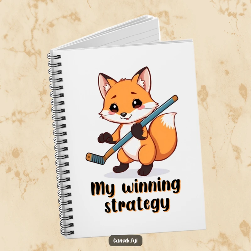 Funny playful fox notebook, balancing a hockey stick on its paw, a humorous and functional item for notes.