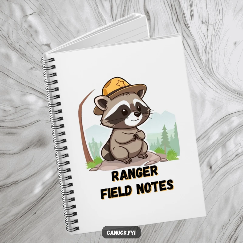 Funny park ranger raccoon notebook, small, round, wearing a hat, surveying a scenic view, perfect for nature notes.