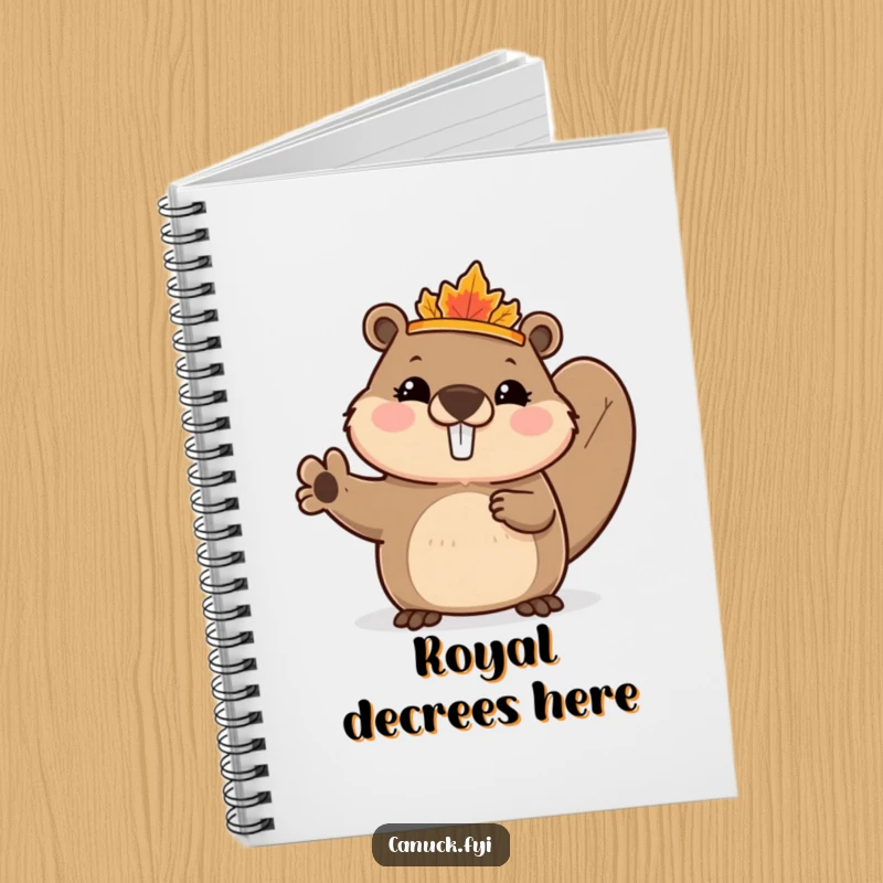 Funny Beaver Notebook featuring a cute beaver with a tiny maple leaf crown, enthusiastically waving, perfect for journaling with regal charm.