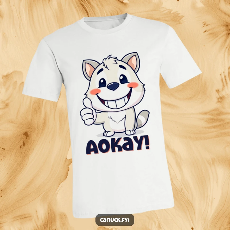 Funny t-shirt with a happy animal mascot giving a wide grin and a thumbs up, cool funny gift.