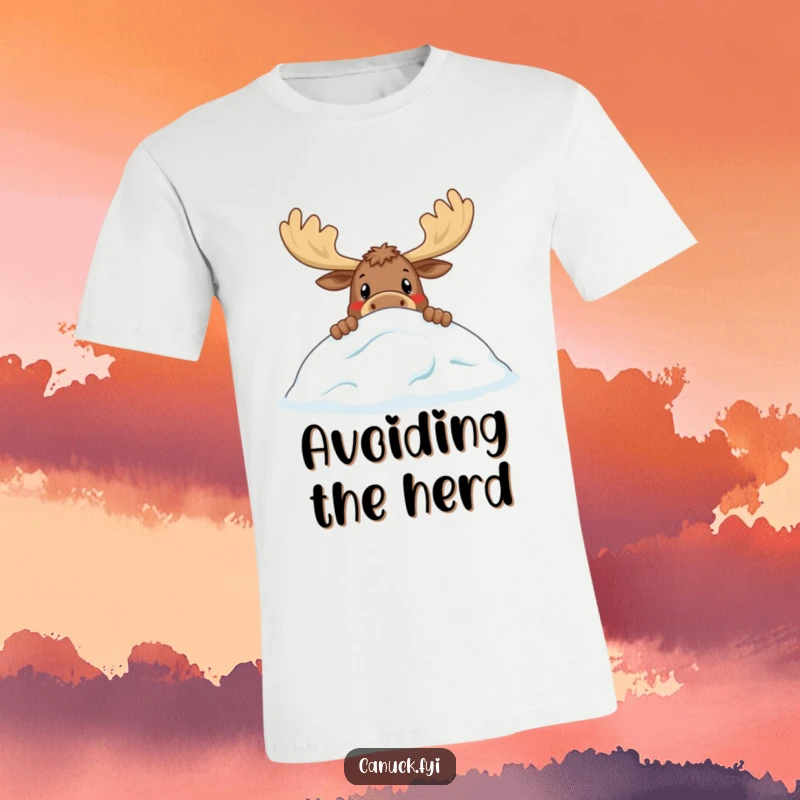 Funny t-shirt with a curious moose peeking over a stylized snowdrift, expressing a quirky and humorous winter woodland scene.