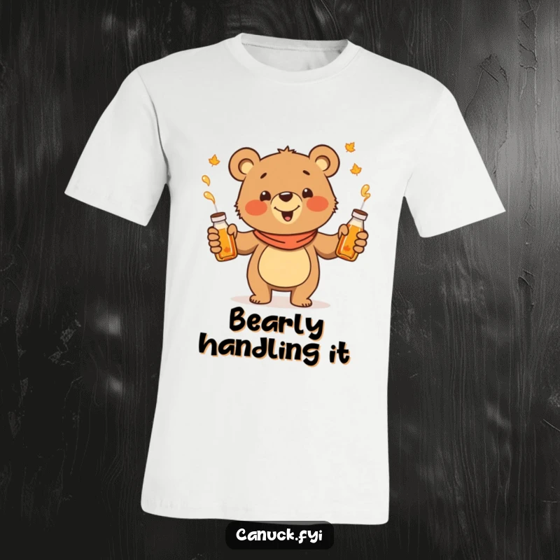 Funny juggling bear t-shirt, cheerful cartoon bear juggling maple syrup bottles, breakfast themed, playful design.