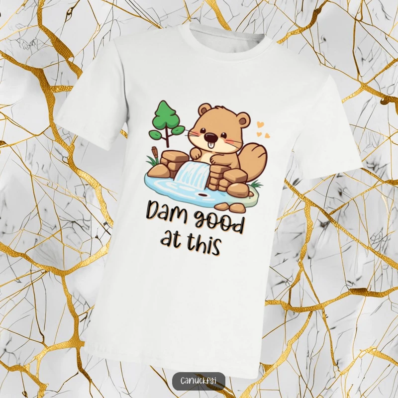 Funny T-Shirt depicting a stylized beaver character busy building a small dam, a humorous design for industrious folks.