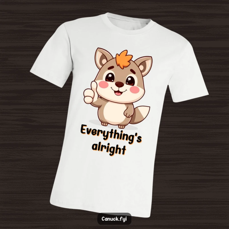 Funny Canadian animal character with a wide, cheerful grin confidently giving a thumbs-up, printed on a t-shirt for maximum positive impact.