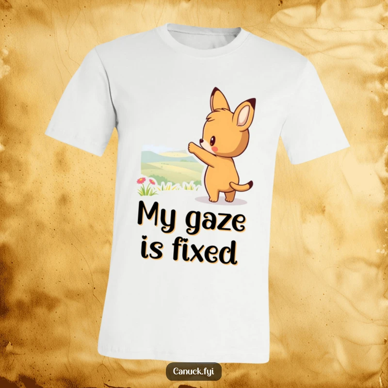 Funny t-shirt featuring a curious animal character pointing towards a scenic view, inspiring wanderlust and a spirit of adventure.