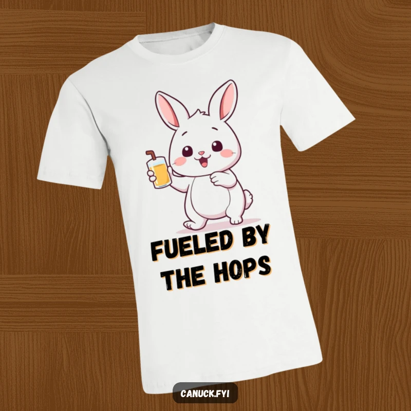 Funny t-shirt featuring a bouncing rabbit energetically holding a small pint of liquid, celebrating good times with humor.