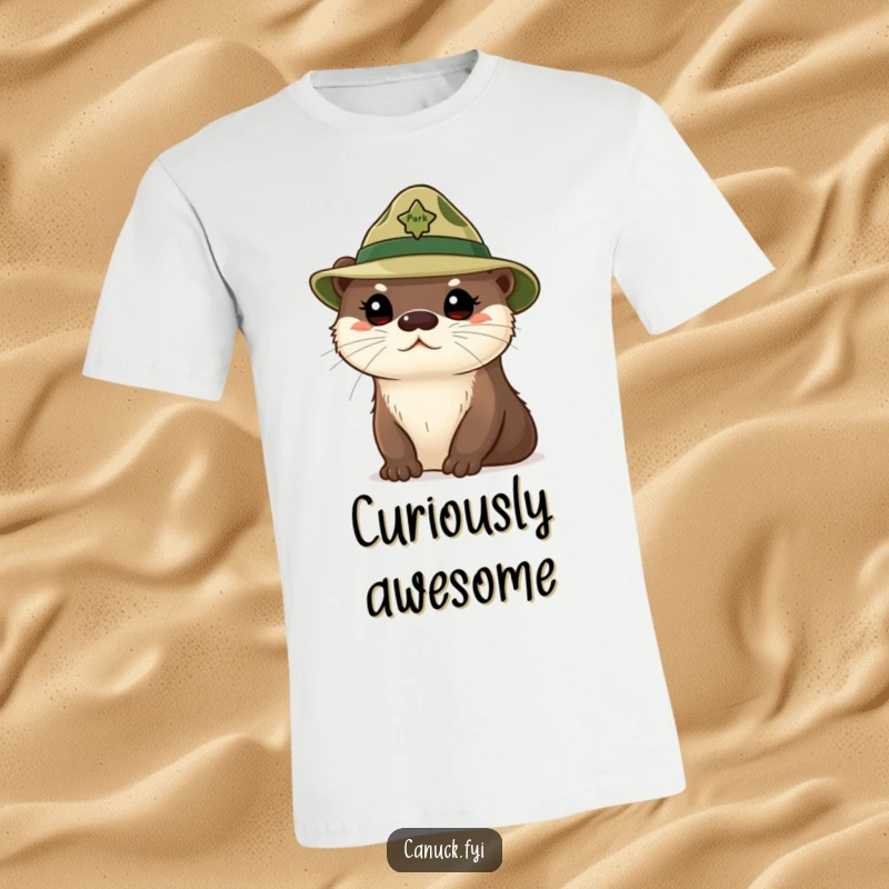 Funny curious otter t-shirt, cute otter wearing a tiny park ranger hat, looking inquisitive, outdoor adventure.