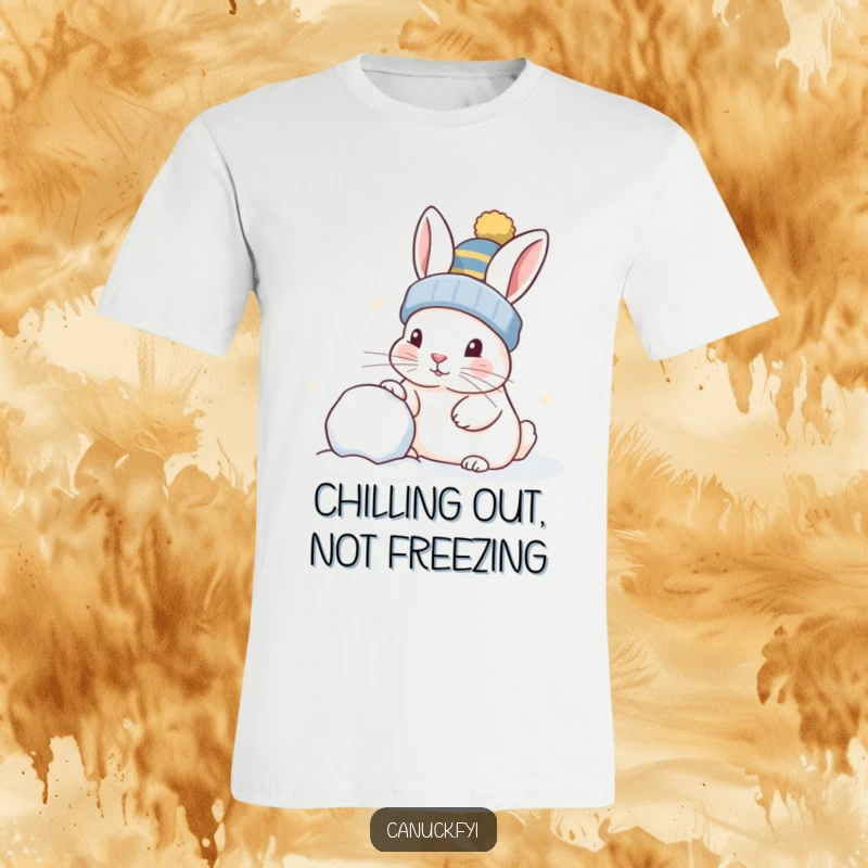Funny curious rabbit wearing a toque, playfully nudging a snowball on a white t-shirt, great for winter.
