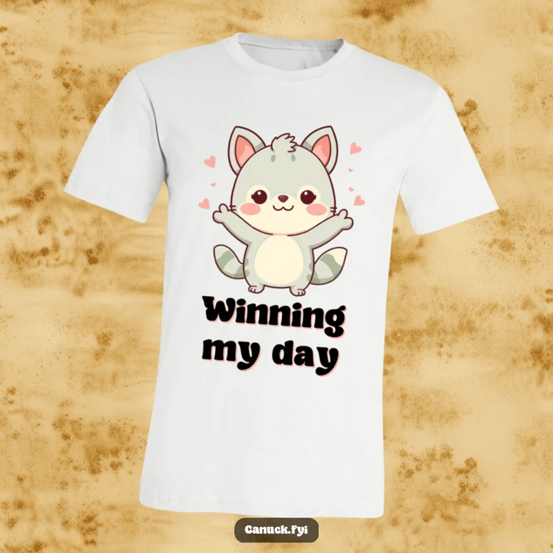 Funny Cute Dog T-Shirt: A cute dog character performing a happy celebratory gesture, ideal for a funny gift.