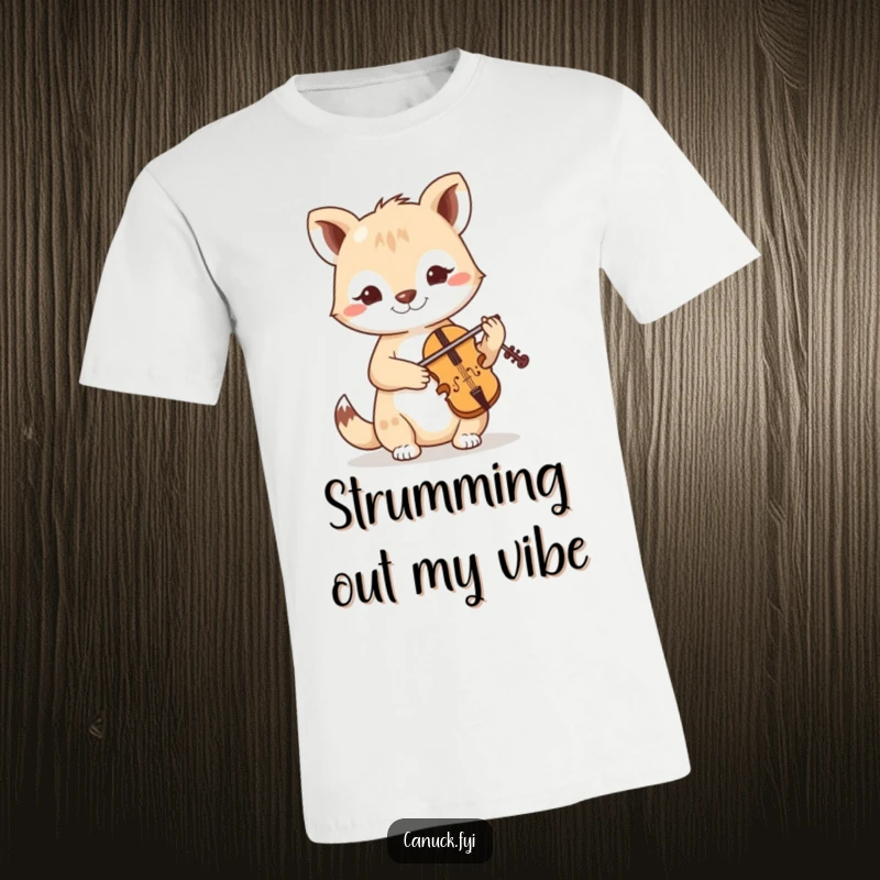 Funny t-shirt with a cute, determined animal enthusiastically playing a tiny fiddle, looking focused and ready to perform.