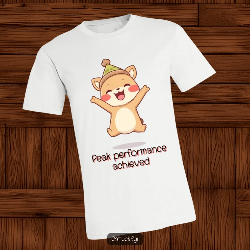 Funny t-shirt of a jubilant animal in a small toque, mid-air in a joyful, energetic leap. Expressing pure happiness.