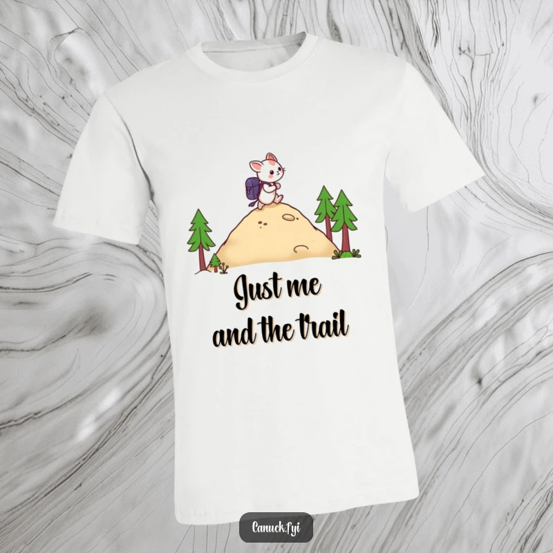 Funny t-shirt with a creature carrying a backpack hiking up a hill, perfect for outdoor enthusiasts seeking humor.