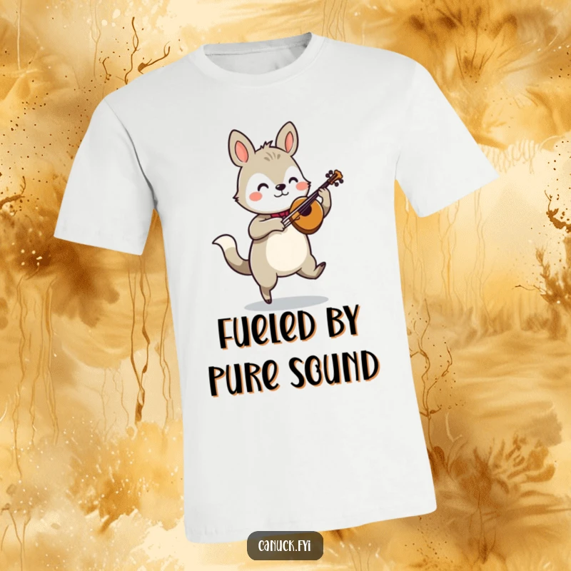 Funny animal t-shirt dancing a jig with a fiddle, depicting lively rhythm and musical celebration.