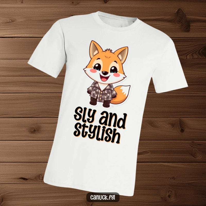Funny lumberjack fox t-shirt, playful fox wearing a checkered lumberjack shirt with a wide grin, outdoorsy style.