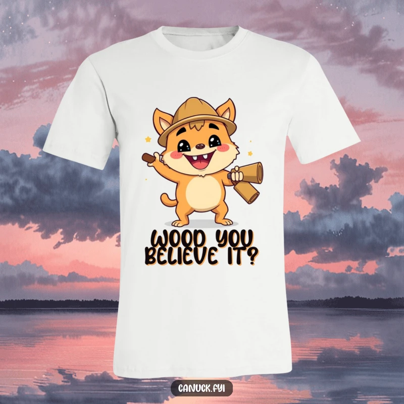 Funny t-shirt featuring a creature with an enthusiastic grin performing a cheerful lumberjack chop, radiating energy and fun.