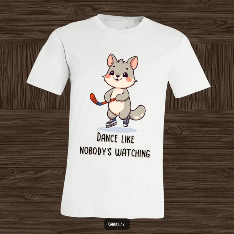 Funny t-shirt of a playful animal character skillfully dancing with a miniature hockey stick. Highlights athletic fun and personality.