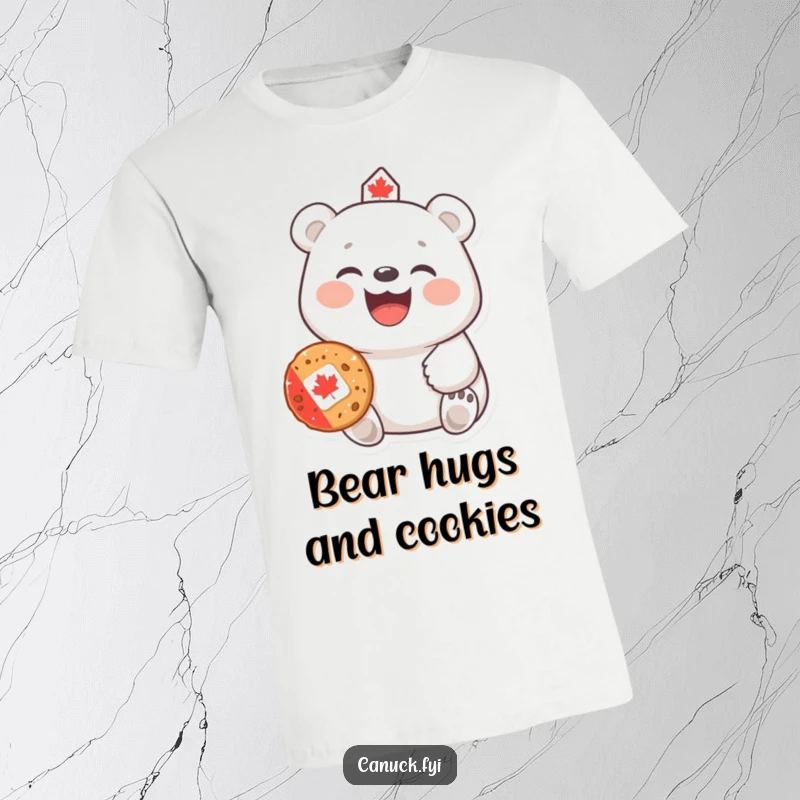 Funny Polar Bear T-Shirt: A joyful polar bear with a big laugh offers a Canadian cookie, exuding friendliness and festive spirit.