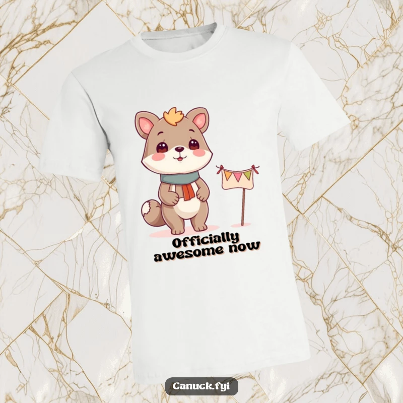 Funny proud animal t-shirt next to a small festive banner, expressing confidence and celebratory spirit.