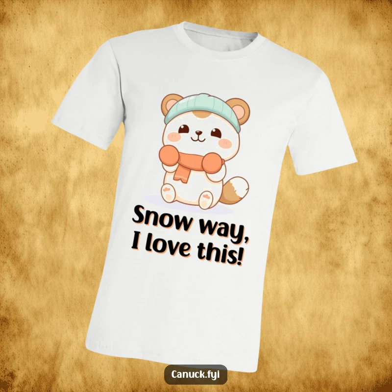 Funny T-shirt: A cute animal wearing mittens, joyfully catching falling snowflakes, showcasing a delightful winter wonderland scene.