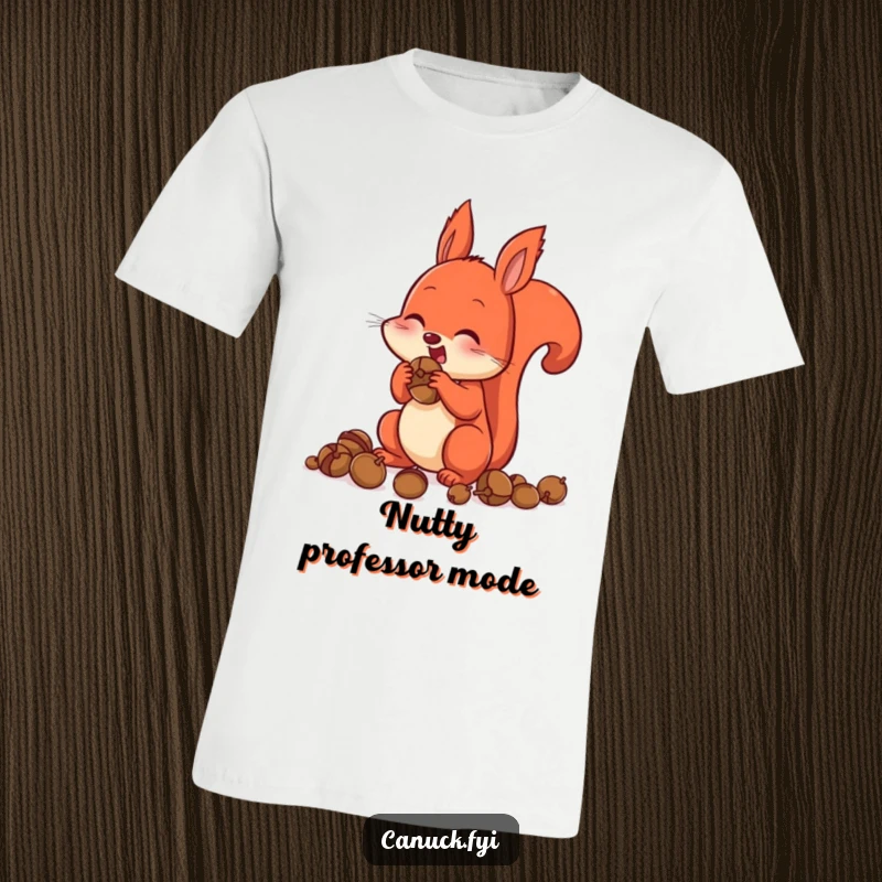 Funny T-Shirt print of a red squirrel excitedly stuffing its cheeks with acorns, looking comically full and satisfied.