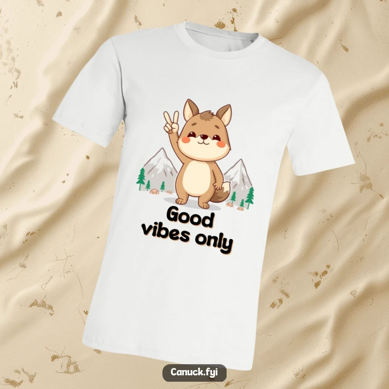 Funny animal t-shirt, peace sign gesture, stylized mountains background, promotes harmony and nature, a cool funny gift.