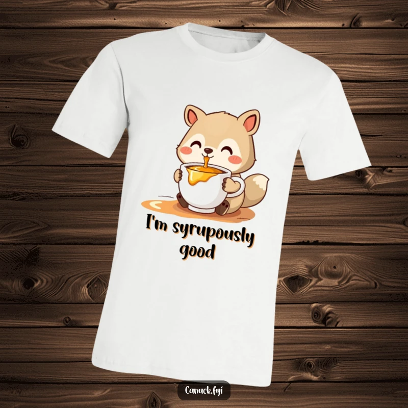 Funny stylized animal t-shirt offering a steaming cup of maple syrup with a friendly, inviting expression.