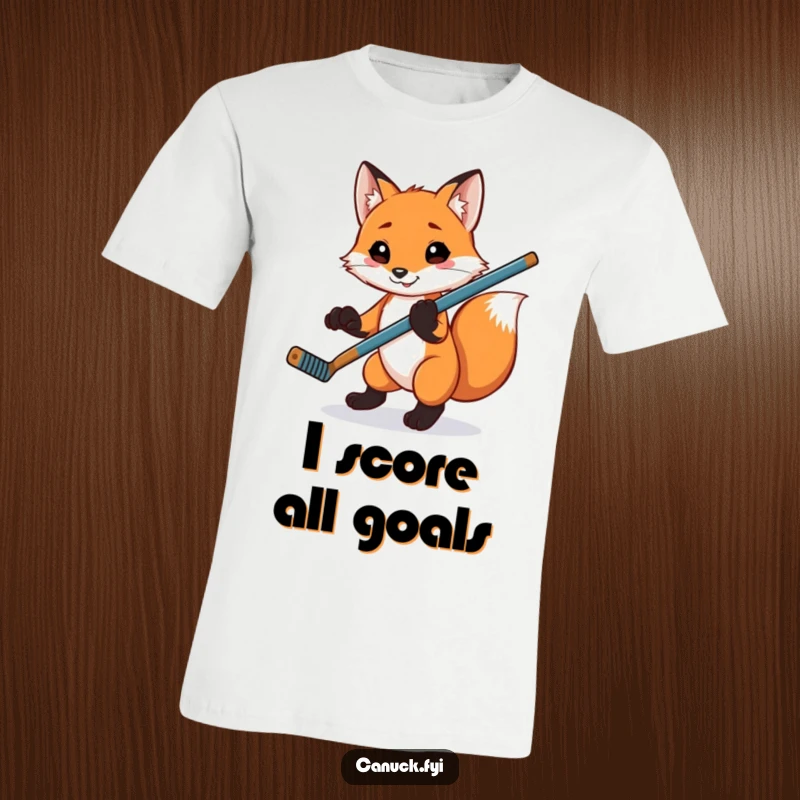 Funny playful fox t-shirt, balancing a hockey stick on its paw, a humorous and athletic sports apparel choice.
