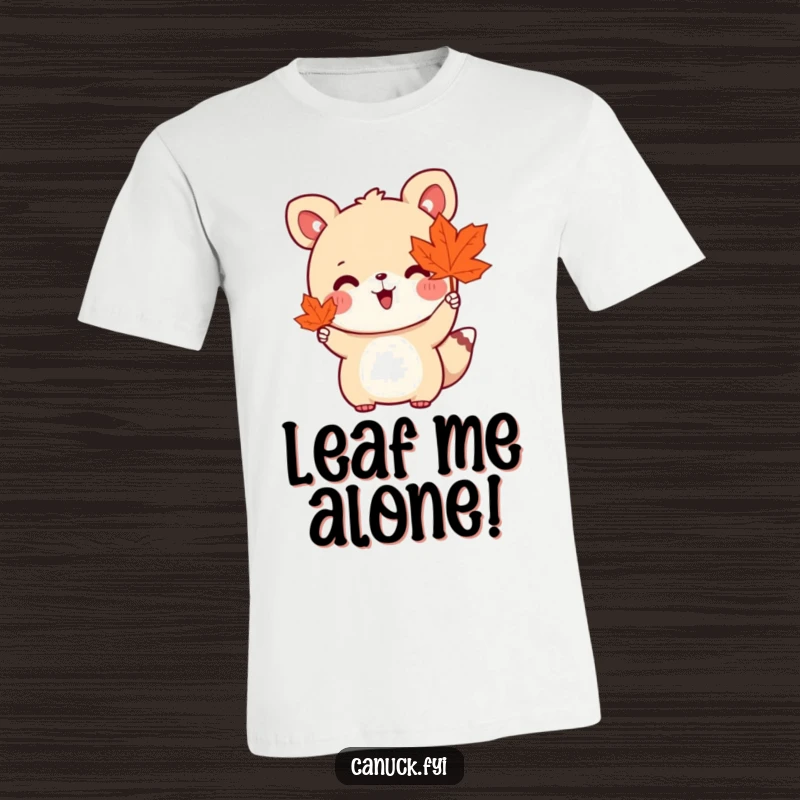 Funny t-shirt featuring a cute animal character holding a maple leaf and waving enthusiastically, perfect for fall cheer.