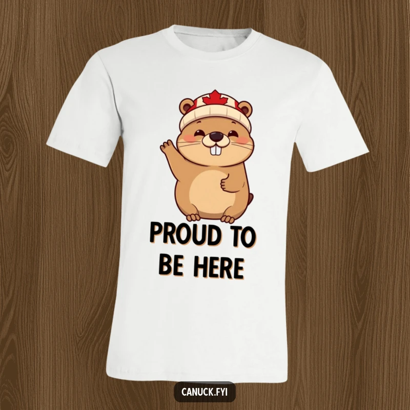 Funny cheerful beaver t-shirt, maple leaf beanie, waving enthusiastically, a humorous Canadian apparel choice.