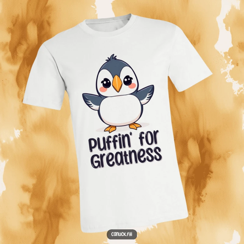 Funny t-shirt graphic of a proud puffin wearing a miniature toque and winking cheekily.