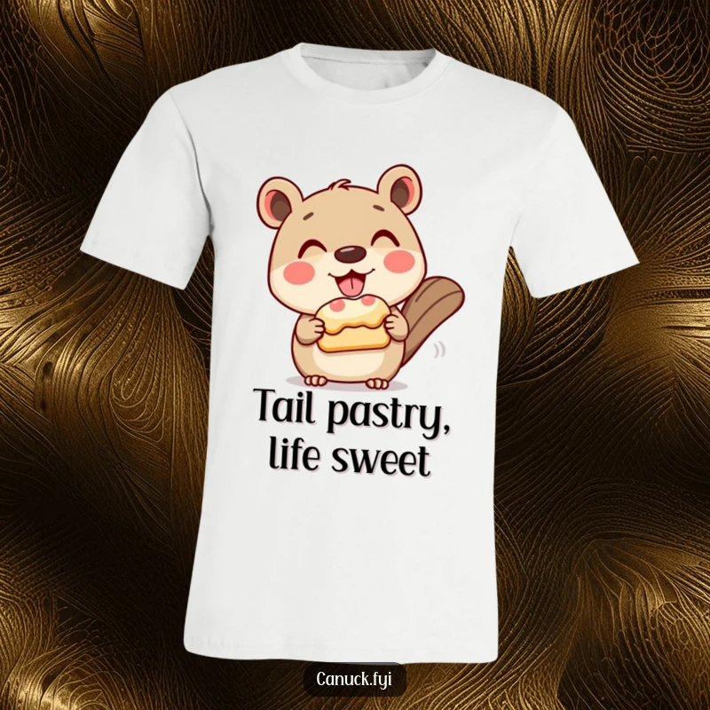 Funny t-shirt with a grinning animal character politely offering a beaver tail pastry, perfect for dessert lovers.