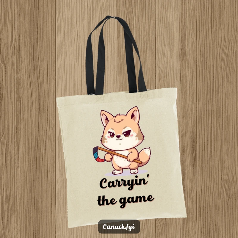 Funny tote bag with determined animal pal holding a tiny hockey stick, practical and funny gift.