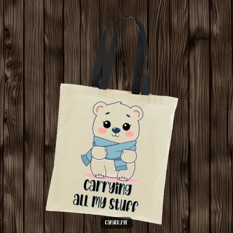 Funny tote bag featuring a polar bear in a scarf, extending its paws in a welcoming, warm hug.