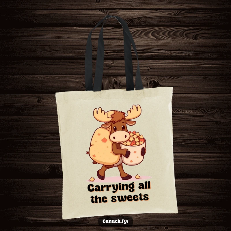 Funny Moose Tote Bag: A clumsy moose carries a large bag of maple candies, perfect for hauling necessities with humor.