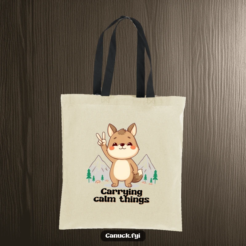 Funny animal tote bag, peace sign gesture, stylized mountains, sturdy and stylish, ideal for carrying necessities with a positive message.