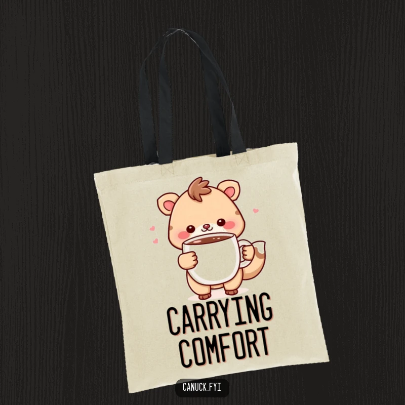 Funny Tote Bag: Cheerful animal happily holds a steaming mug of hot chocolate, perfect for carrying your cozy essentials.