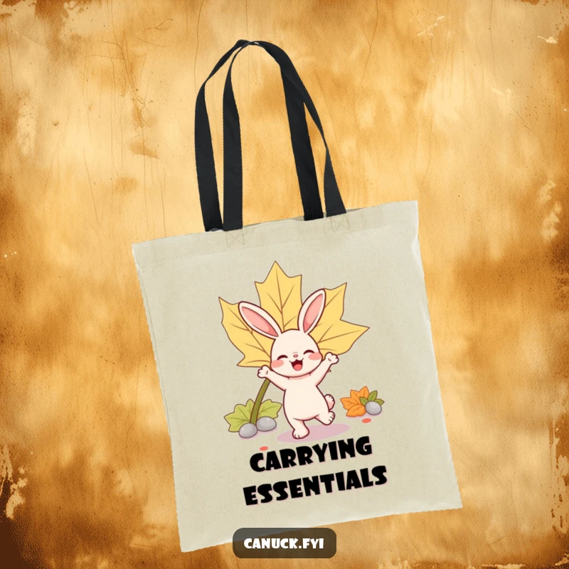 Funny rabbit tote bag featuring a bouncy rabbit character joyfully dancing near a large maple leaf.