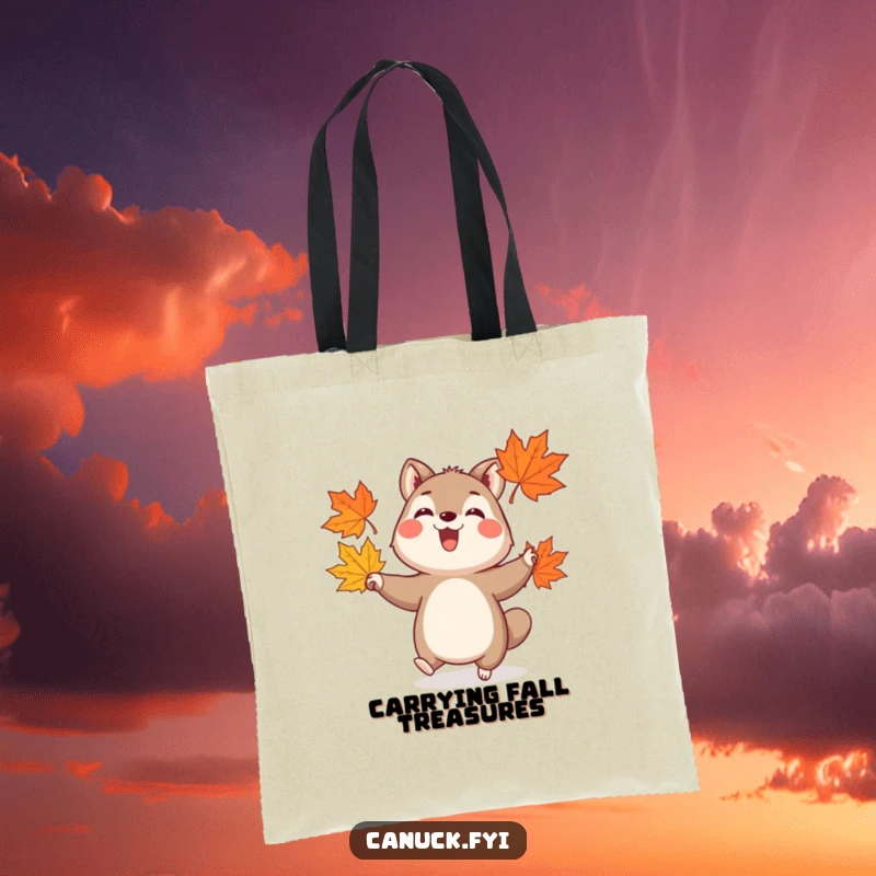 Funny tote bag illustrating a cheerful animal with a joyful expression, adeptly juggling three stylized autumn maple leaves.