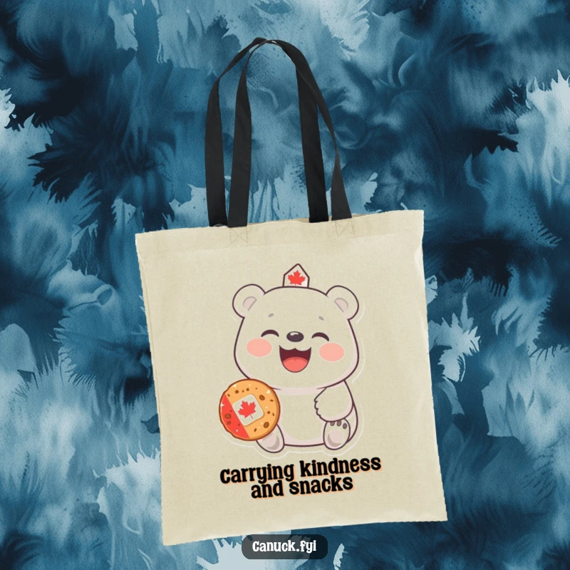 Funny Polar Bear Tote Bag: A laughing polar bear offers a Canadian cookie, perfect for carrying necessities with warmth and humor.