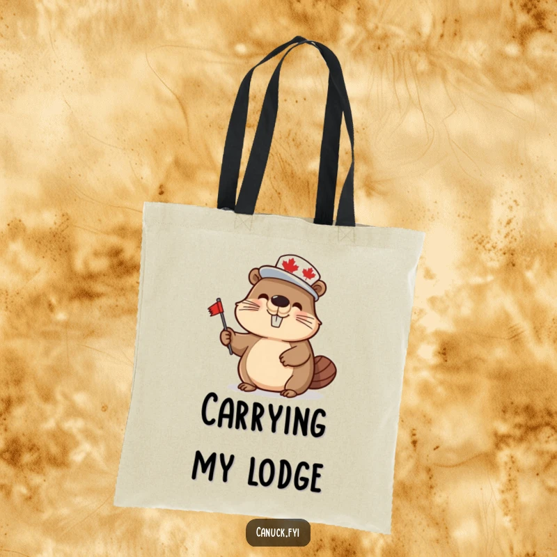 Funny beaver tote bag, wearing a maple leaf hat and waving a flag, perfect for carrying daily items with Canadian flair.