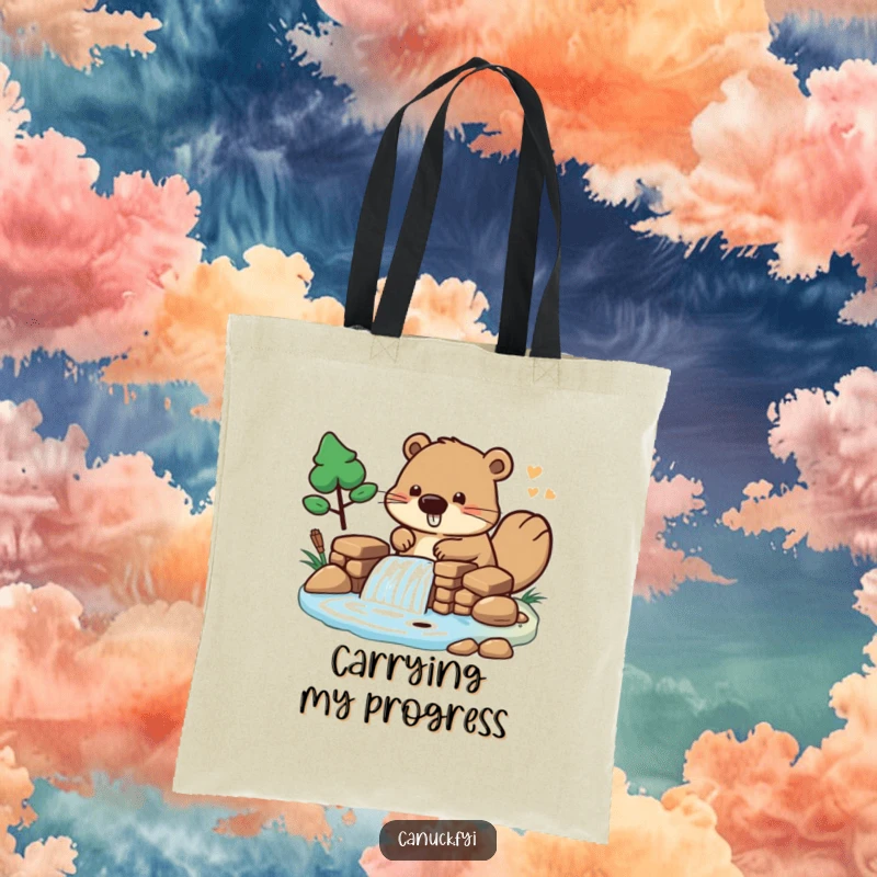 Funny Tote Bag with a beaver character actively building a miniature dam, great for carrying essentials with a humorous touch.