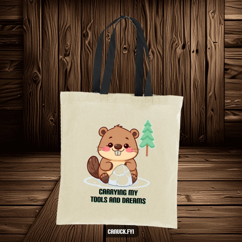 Funny Beaver Tote Bag: A smiling beaver enthusiastically builds a tiny igloo, perfect for carrying necessities with a humorous touch.