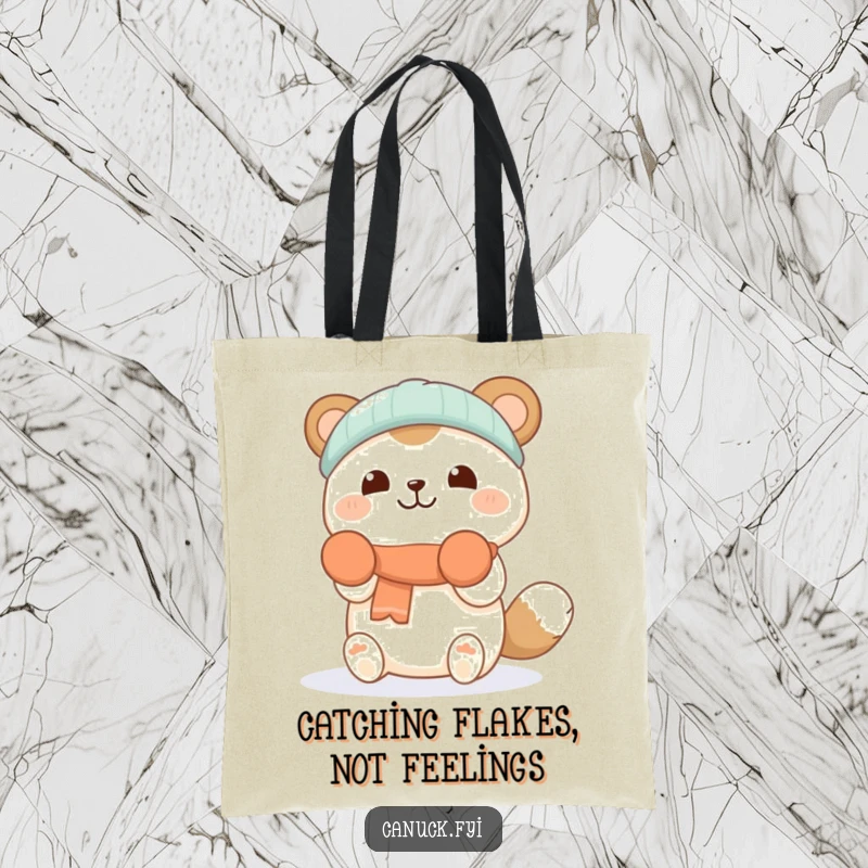 Funny tote bag featuring a cheerful animal in mittens, happily catching delicate falling snowflakes, perfect for winter errands.