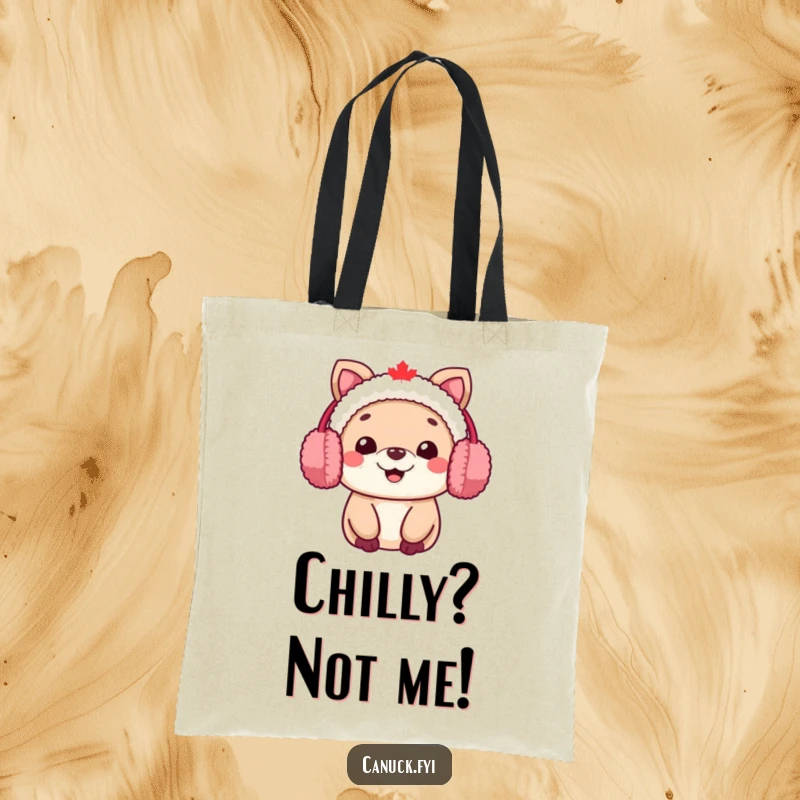 Funny Canadian animal character tote bag, wearing fuzzy earmuffs and smiling warmly, ideal for winter errands.