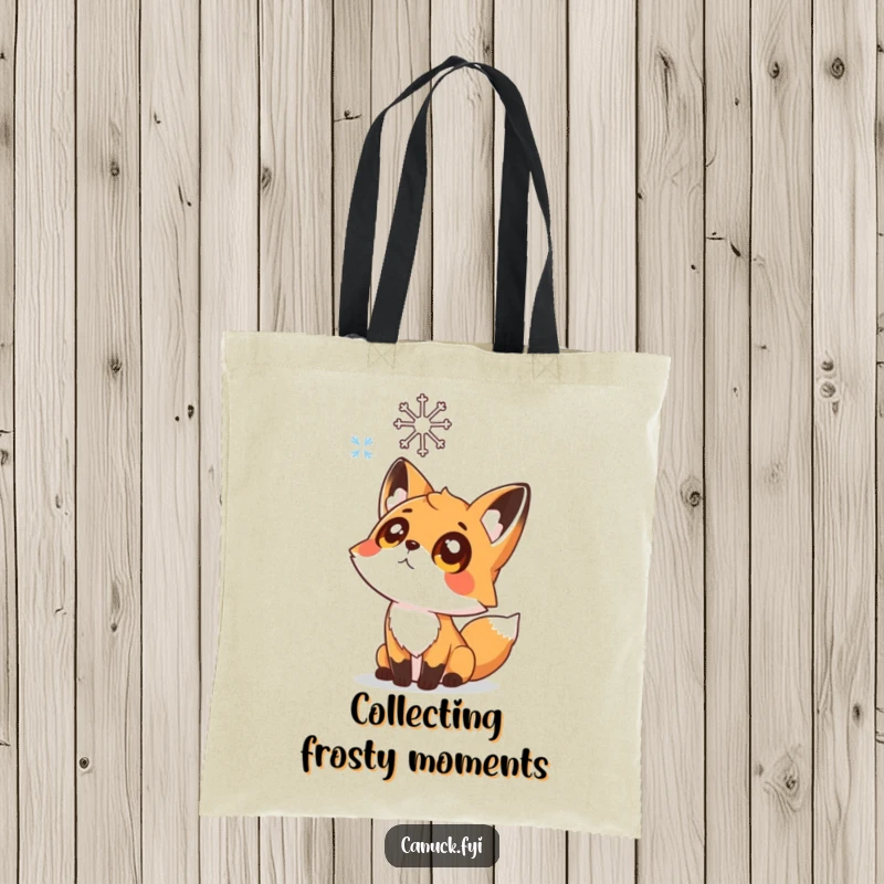 Funny tote bag illustrating a curious fox looking up wide-eyed at a falling snowflake, perfect for winter shopping.
