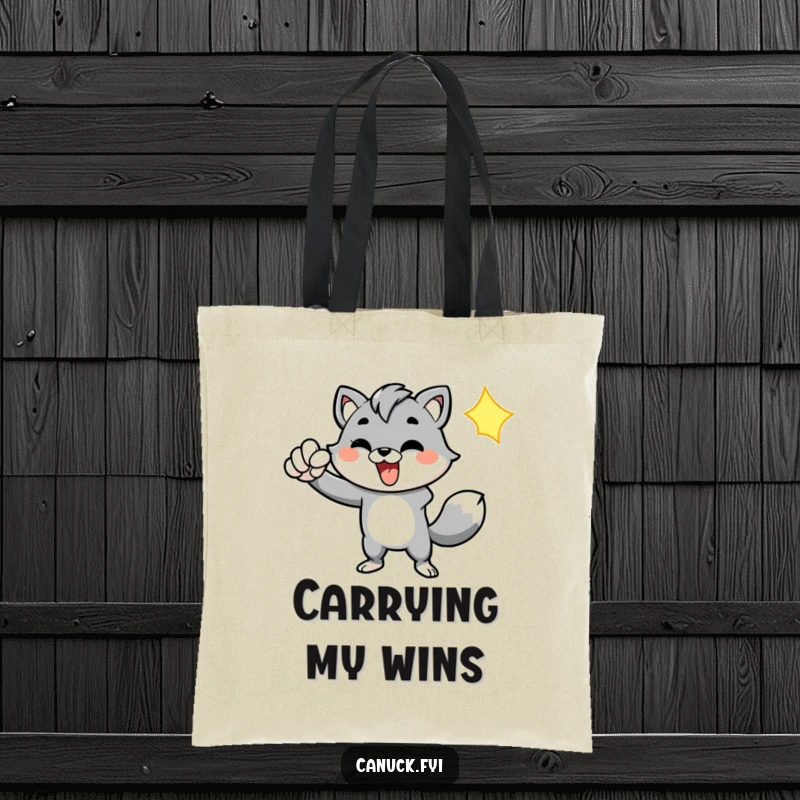 Funny tote bag featuring an energetic animal character pumping its fist, ideal for carrying items with a motivational vibe.